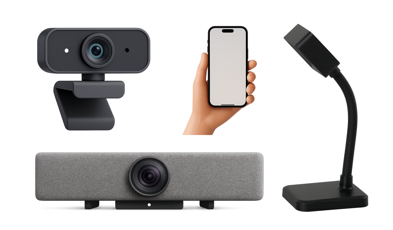 Four video conferencing devices including a black webcam, a hand holding a smartphone with blank screen, a gray soundbar with camera lens, and a flexible black desktop microphone.