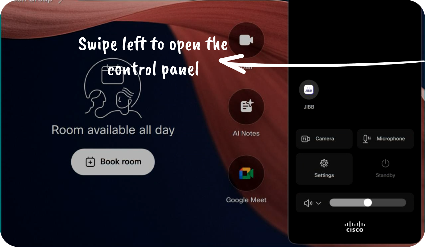 Cisco Room Navigator home screen with an annotation reading 'Swipe left to open the control panel' as the control panel slides in from the right.