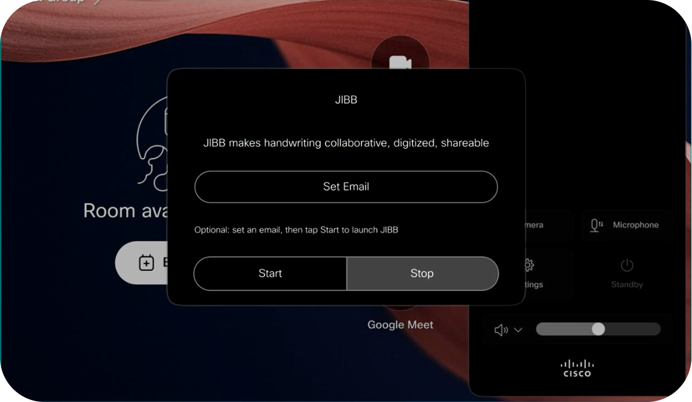 JIBB app open on the Cisco Room Navigator with a Set Email button and Start and Stop buttons, ready to launch a session.