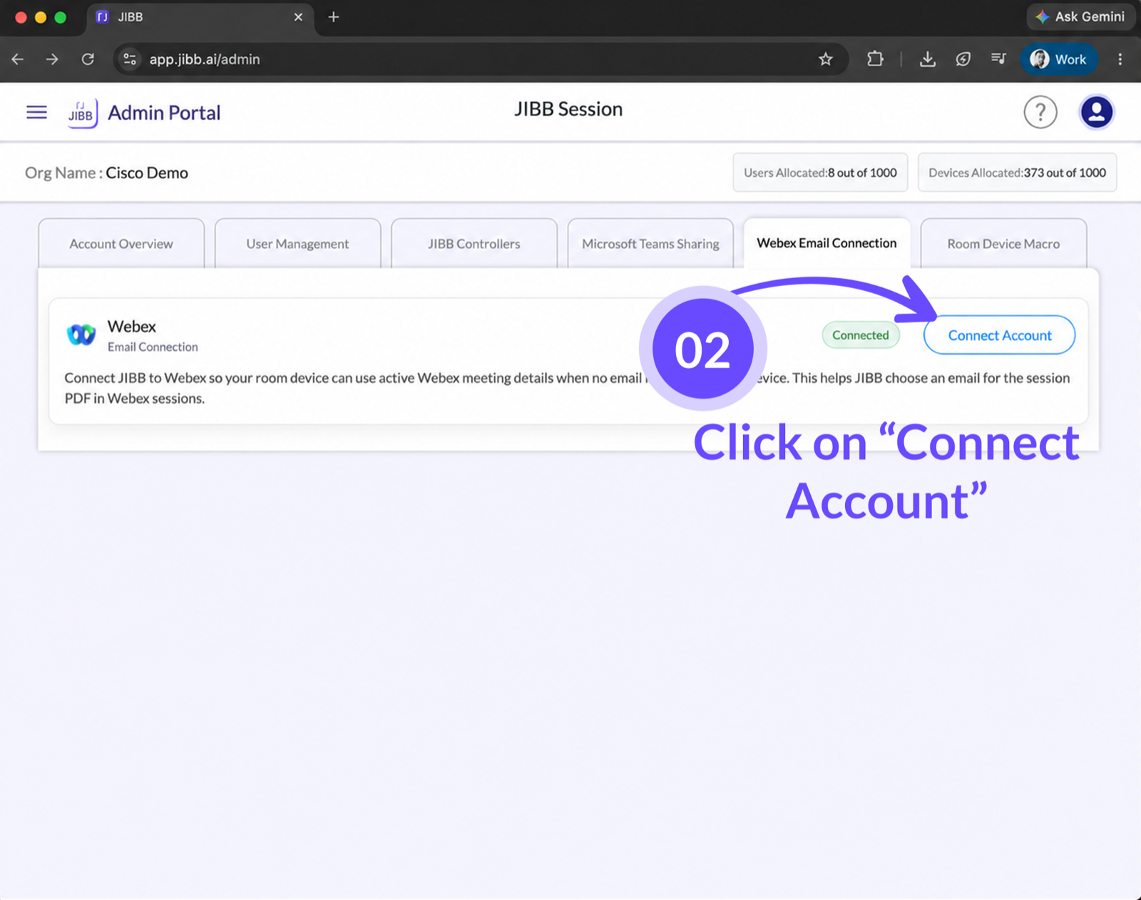 Webex Email Connection tab with an arrow highlighting the Connect Account button.