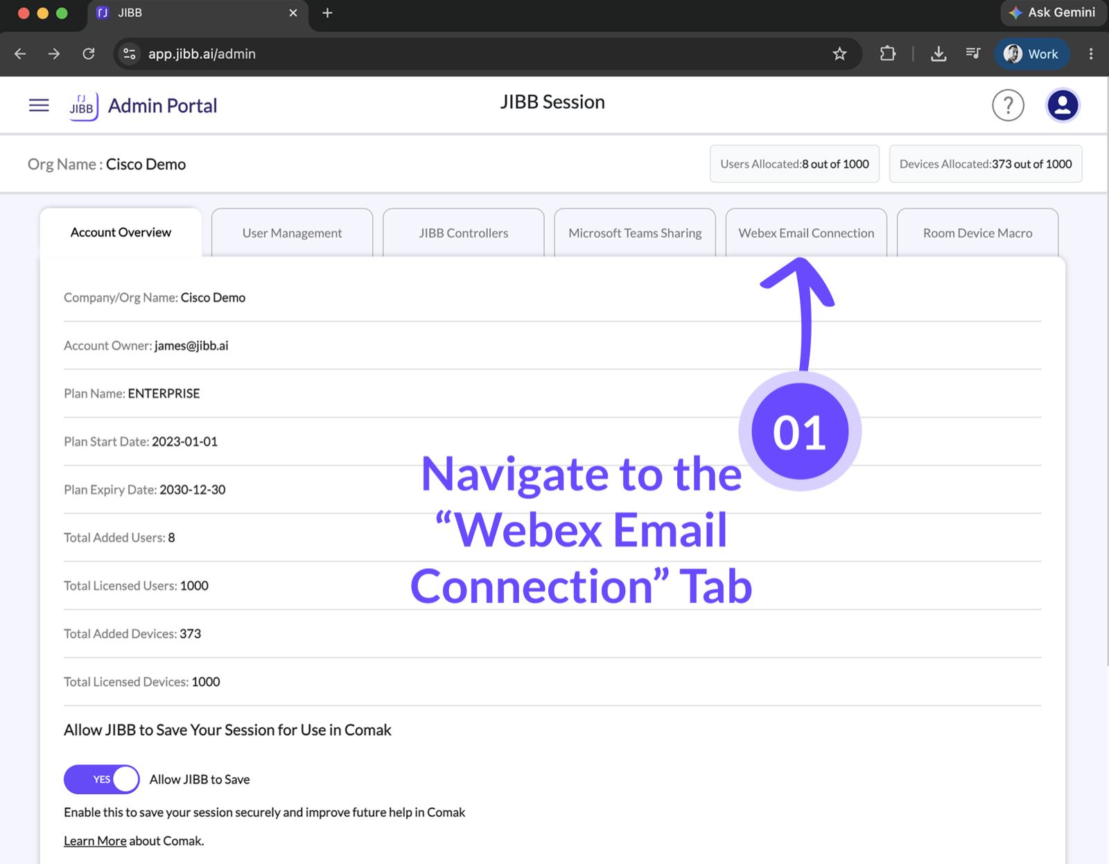 JIBB Admin Portal with an arrow pointing to the Webex Email Connection tab.