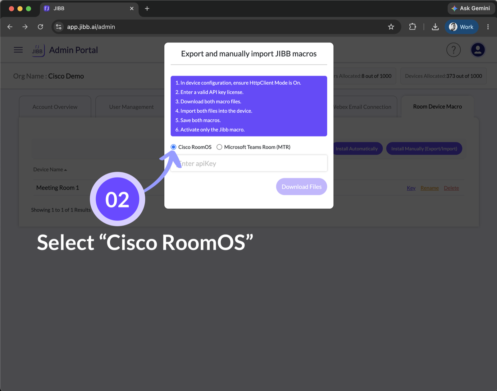 Export and import dialog with an arrow highlighting the Cisco RoomOS selection.