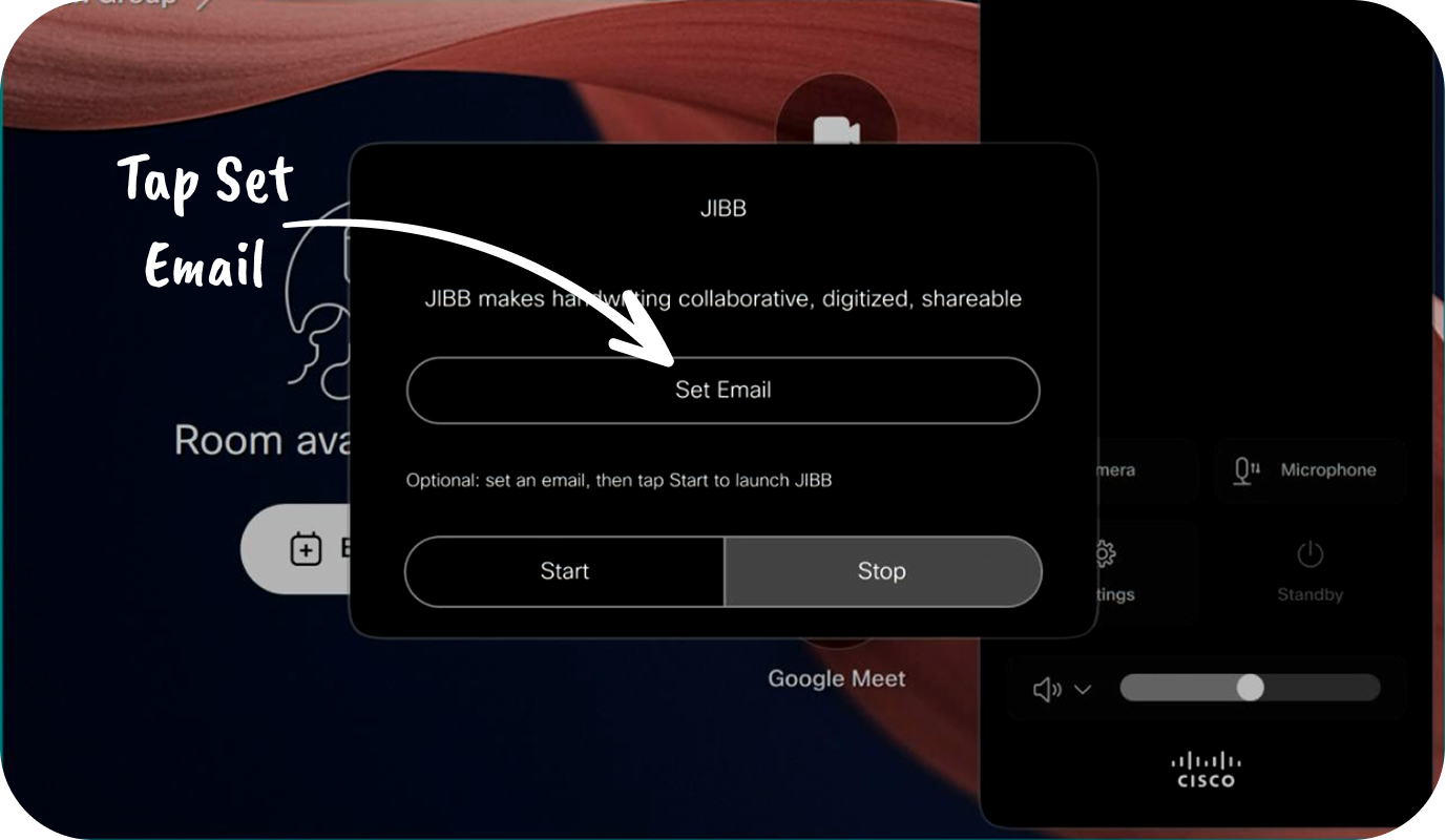 JIBB app on the Cisco Room Navigator with the Set Email button highlighted and an annotation reading 'Tap Set Email'.