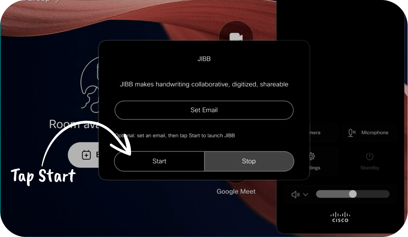 JIBB app on the Cisco Room Navigator with the Start button highlighted and an annotation reading 'Tap Start' to launch a session.