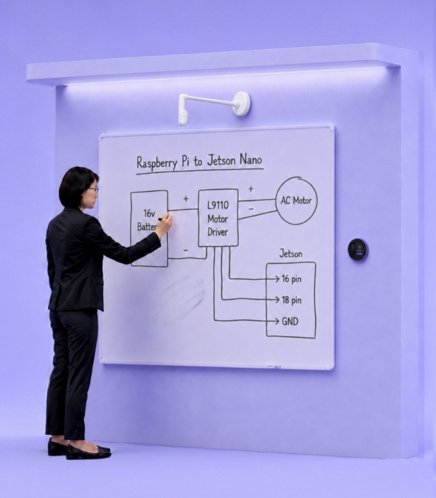 A person standing at a physical dry-erase whiteboard with the JIBB content camera mounted above it.
